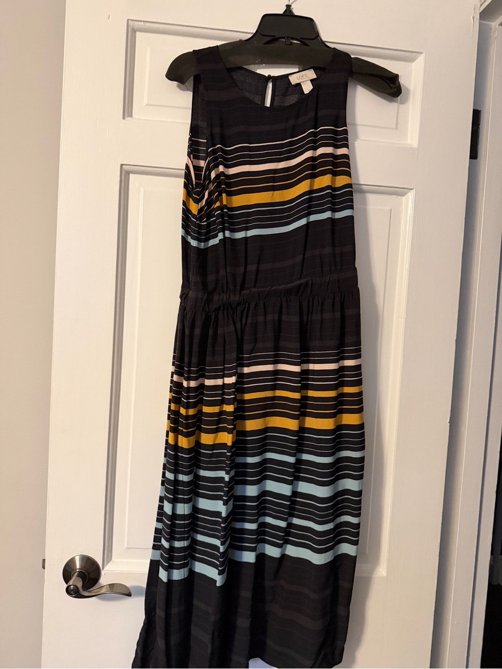 LOFT Black Sleeveless Striped Maxi Dress with Mustard & Light Blue